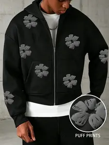 Men's Hoodie: Cropped, Zip-Front Style with Hood. Features a Unique 3D Puffy Floral Pattern—Perfect for a Distinctive, Streetwear-Inspired "Back-to-School" Look. A Lightweight, Unlined Design Ideal for Transitional Seasons—Simple and Casual.