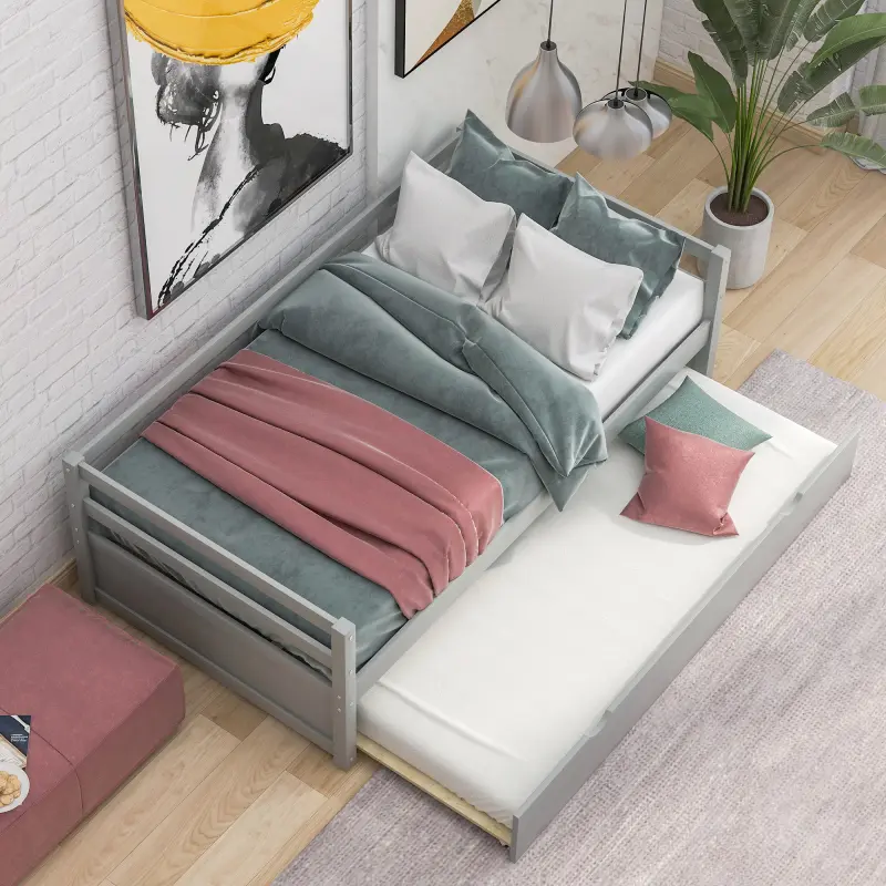 Modern Twin Size Solid Pine Wood Daybed with Pull Out Trundle Bed Frame Set - Gray, Durable, Assembly Required, Single Bed, Sleeps 2 (New SKU: WF-283064-AAE)