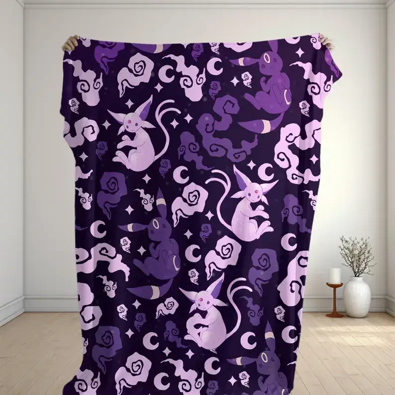 Umbreon Espeon Fleece Blanket Moonlight Galaxy Pattern Cozy Throw Blanket Psychic Cat Home Decor Family Baby Blanket Umbreon Blanket Gift Idea Home Party Holiday Decor Christmas and Halloween and Birthday