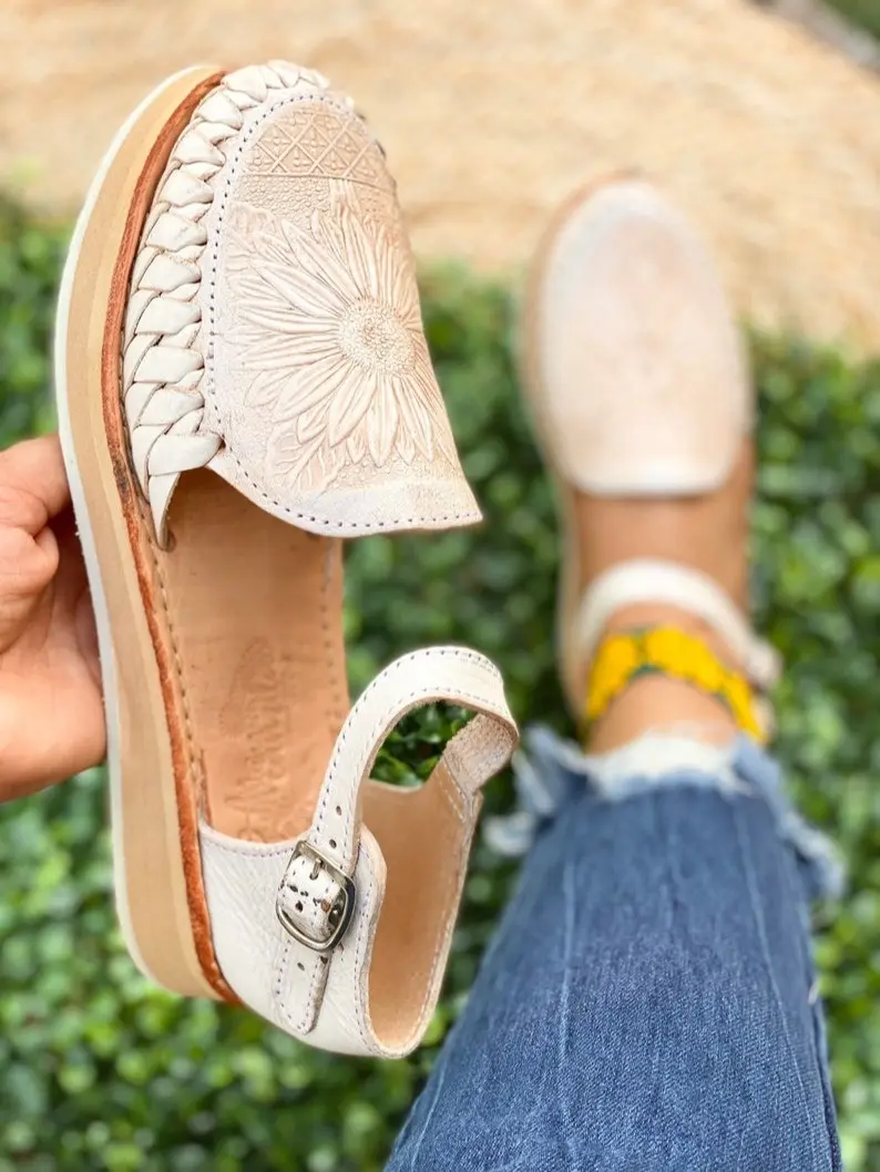 Leather Sandal All Sizes Boho- Hippie Vintage Mexican Style- natural tooled sunflower - Sandal Shoes For Summer