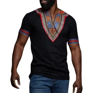 PASLTER Mens African Dashiki T Shirt Tribal Floral Print V Neck Slim Fit Shirts Tops Menswear Tropical