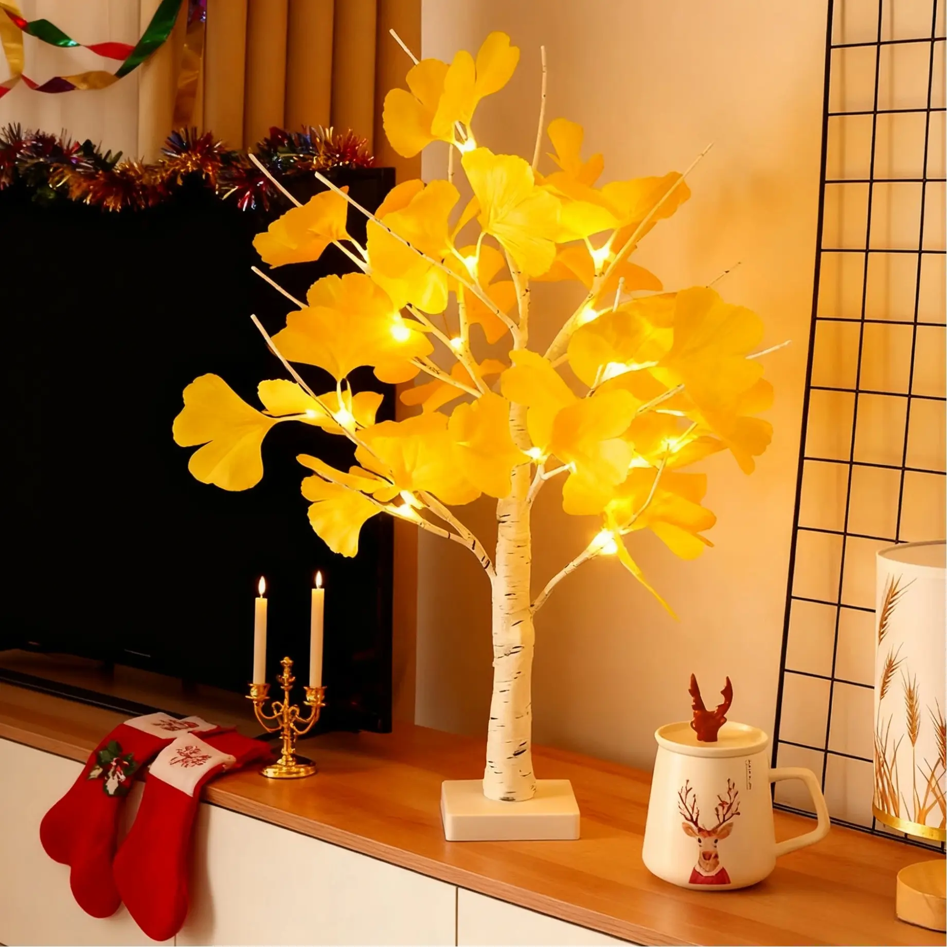 60cm Christmas Gold Ginkgo Leaf Tree Light, 24 Warm LED Flashing Lights, USB/battery Dual Power, Desktop Bedroom Decor, Led Decoration Lamp, Battery Operated Lamp