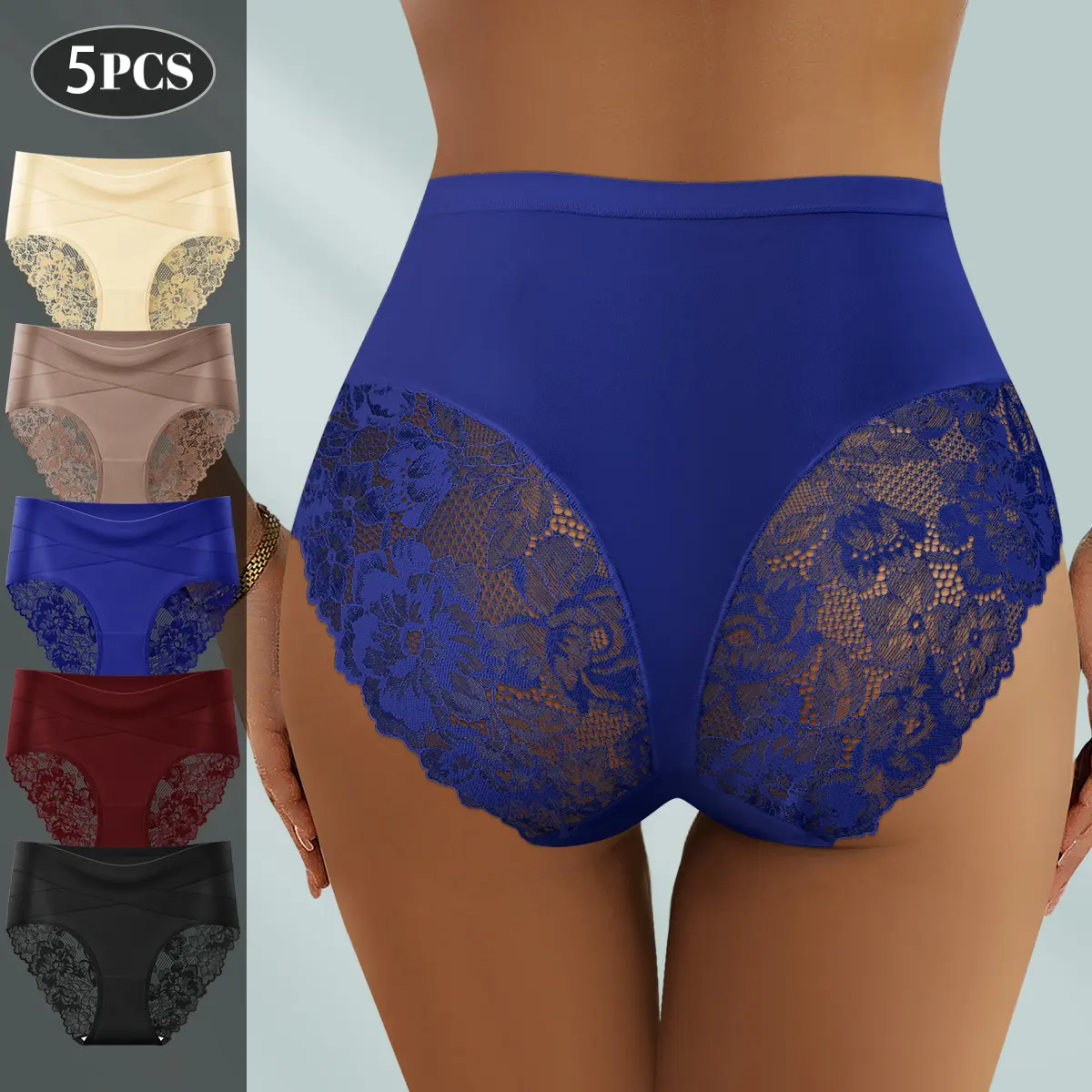 QUASTI Women's 5 Pcs Mix Colors Aesthetic High-Waisted Crossover Lace Panties - Soft Silky Polyester, Breathable Seamless Knickers, Tummy Control, Hip Lifting, Fashion Lady Underwear, S-XXL, Black (Great Gift)