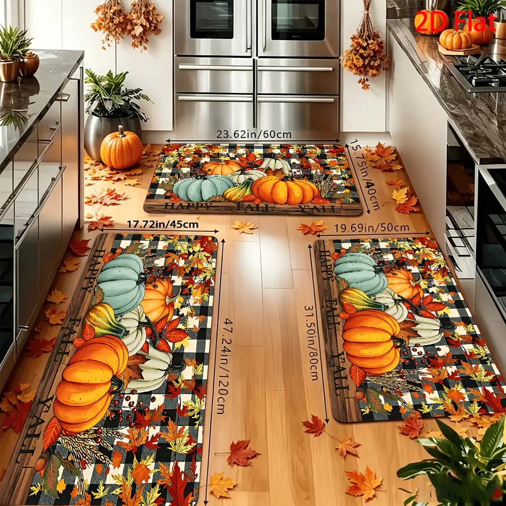 2/3pcs Autumn Theme Set Rugs, 2D Flat, Pumpkin Maple Leaf Berry Plaid Background Pattern with Happy Fall Y'All Thanksgiving Decor, Kitchen Rug, Retro Style, Rectangular, Holiday Decor, Home Decor, Soft Rug, Suitable for Laundry Room, Corridor