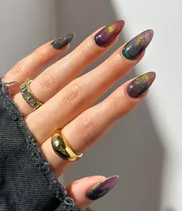 Galaxy Cat Eye Press On Nails, Holographic Magnetic Effect Nail Set, Dark Chrome Aurora, Cosmic Nail Art Design, design nails