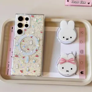 Cherry Miffy Rabbit Magnetic Glitter Powder Samsung S24 Ultra Case New Style Silicone All-Cover Protection with Cute Rabbit Pattern for Samsung S24 Ultra Festive Galaxy S23