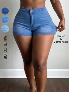 Women's Denim Shorts Medium Wash Casual Comfortable Elastic Tight Fit Slimming Hip Lifting Fashion Versatile Trendy Hot Pants with Pockets