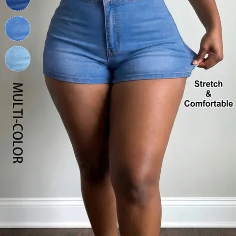 Women's High-Waisted Denim Shorts, Medium Wash, Skinny Slim Fit, Hip-Lifting, Comfortable Elastic Stretch, Casual Fashion Jorts with Pockets, Stretchy Jean Shorts