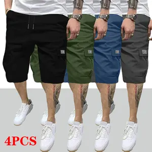 4-pack men’s cargo shorts with drawstring and large pockets; casual loose fit—perfect choice. Summer men’s cargo shorts, mid-thigh straight-leg casual basketball shorts.