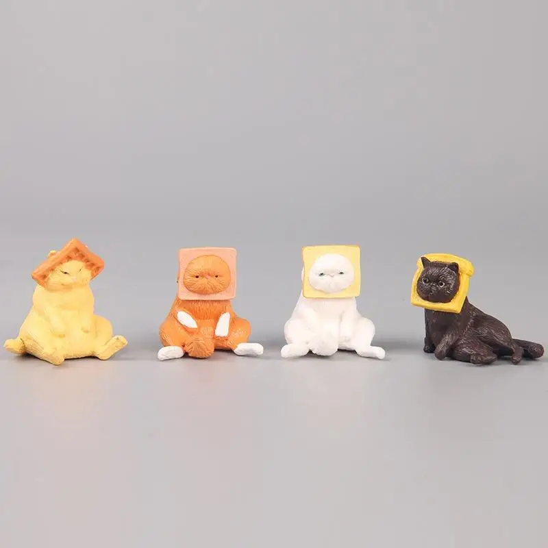 Cartoon Toast Head Cat Design Decoration, 4pcs Cute Cat & Toast Figurine Miniatures Finger Toys for Kids, Desktop Decoration Sculpture Craft, Mini Cat