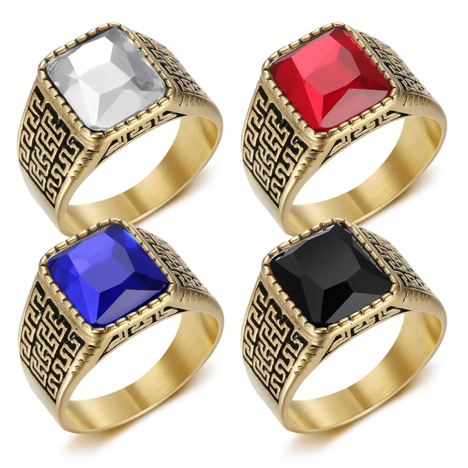 Men's Stainless Steel Sparkling Vintage Inspired Rings - Retro Wave Texture, Square Artificial Zircon Costume Jewelry for Graduation, Sparkling Rings, Vintage Inspired Ring