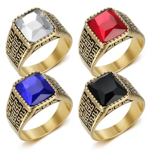 Fashionable Retro Wave Texture Pattern Synthetic Zircon Geometric Square Stainless Steel Men's Ring Jewelry Stacking Rings Stackable Rings