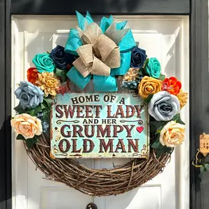 Blue Rustic Country Sign Wreath with Blue Beige & Orange Roses Home of a Sweet Lady & Her Grumpy Old Man 21 Inch Everyday Decor Ornament