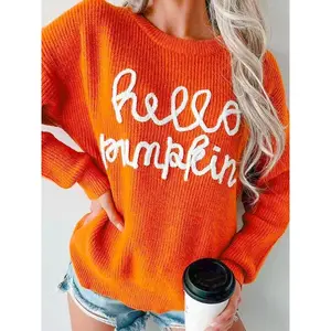 Women's Halloween Pumpkin Embroidered Sweater Pullover, Casual Fitted Thick Knit Top, Fall & Winter Fashion