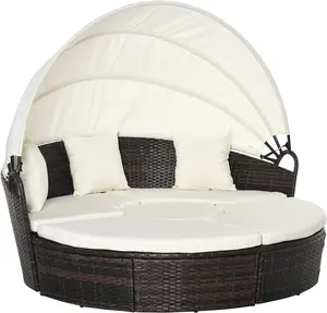 4Pc Rattan Patio Furniture Set, round Convertible Daybed or Sunbed, Adjustable Sun Canopy, Sectional Outdoor Sofa, 2 Chairs, Table, 3 Pillows, PE Plastic Wicker, Beige