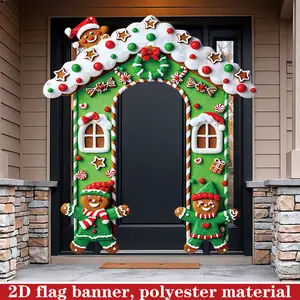 2D FLAT 1 count Gingerbread House Outdoor Banner, Green Christmas Gingerbread House Door Banner, Polyester Fabric Material, Decorative Banner, Christmas Party Decoration Banner, Gingerbread Man Design Entrance Decor