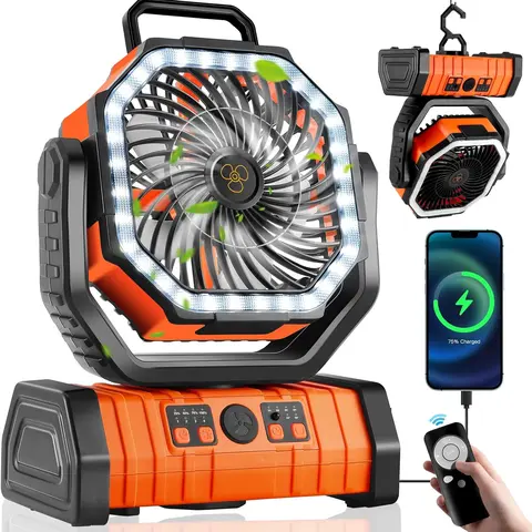 30000mAh Rechargeable Camping Fan with LED Lantern & USB Power Bank, Battery-Powered Portable Fan with Remote Control & Hanging Hook, 4-Speed Auto-Oscillating Fan for Camping, Tent, RV, Travel, Home, Outdoor Work & Power Outages