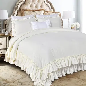 King Size Comforter, Farmhouse Ivory Ruffled Comforter King,Lightweight Vintage Rustic 3 (1 Comforter and 2 Pillowcases)