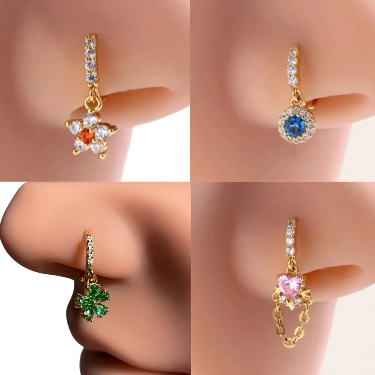 Hoop Nose Ring| Gold Nose Hoop | Piercing Required | Nose Jewelry | Nose Ring w/ dangle | Gold Nose Jewelry Female Female gold rhinestones nose hoop