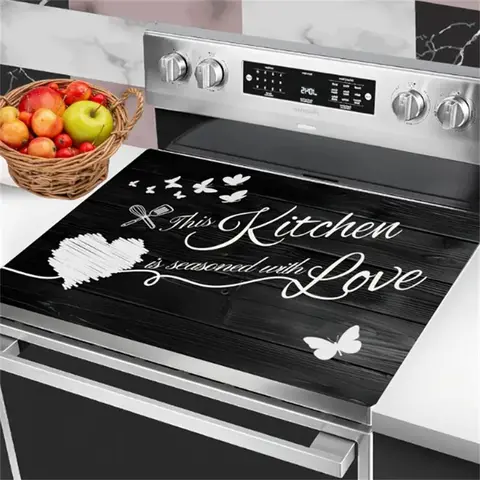 Soft Electric Stove Cover Cook Top Panel Protector Pad, Wood Grain Heart Kitchen Design, Aesthetic, Scratch Resistant, Easy Clean, Multi-Purpose Oven Liner Mat, Kitchen Surface