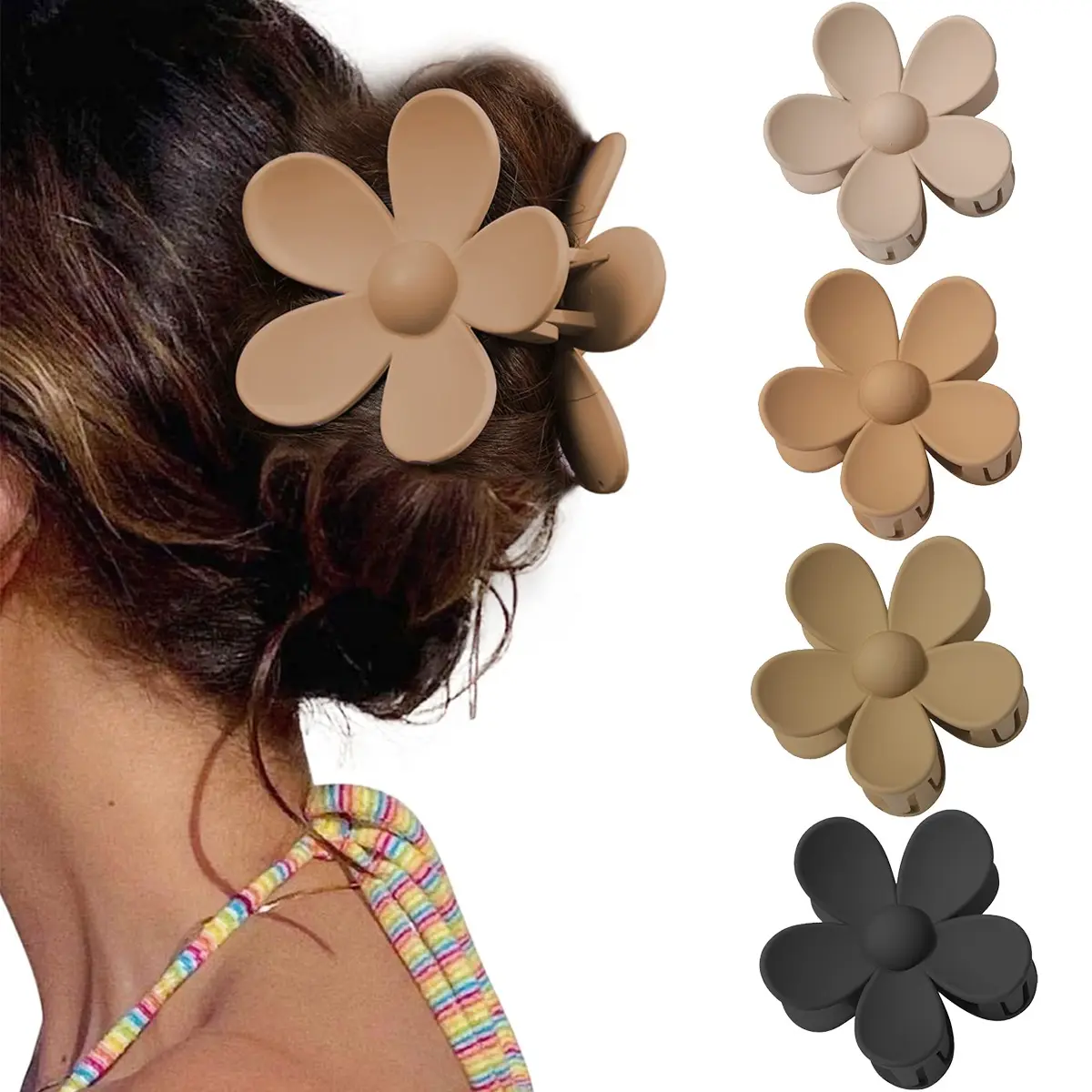 AWAYTR 4 Pcs 3-Inch Matte Flower Shape Claw Clips for Women, Elegant Flat Decorative Hair Accessories with Strong Hold for Curly or Straight Hair, Decorative Hair Clips