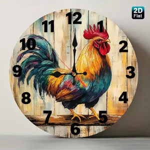 1 piece vintage wood grain colorful rooster oil painting wall clock, nursery decoration, round glass silent wall clock, battery-powered (battery not included), suitable for home, classroom, office, living room, bedroom, kitchen, and campus decoration, a g