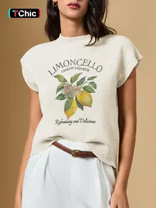 Women's Round Neck Lemon Fruit Print Loose Casual Fashion Knit Vest, French Elegance, Versatile Summer Wear, 2026 New Arrival