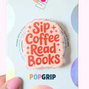 Sip Coffee Read Books Phone Grip, Sparkly Coffee Kindle Accessory, Aesthetic Gift for Her magnetic mount sticky pop socket