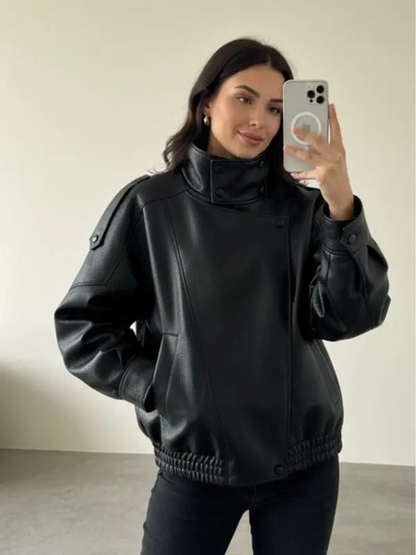 Women's Faux Leather Jacket, Basic 2000s Oversized Lady Moto Style with Stand-Up Collar, Windproof Button-Down Streetwear, Coats, Long Sleeve, Jackets, Loose, Tops, Baggy, Thanksgiving, Easter, Valentines Day, Ready To Wear, Sporty Chic, Water Resistant