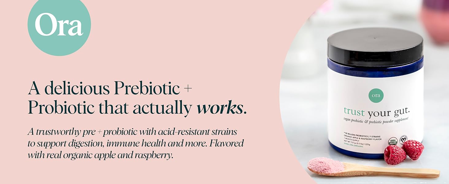 Ora Organic Prebiotic and Probiotic Powder Supplement - 20 Billion Probiotics, 7 Strains for Best Prebiotic Powder, Non-GMO, Probiotics for Women, Men & Kids - Apple Raspberry Flavor, 30 Servings… Ora Organic Prebiotic and Probiotic Powder Supplement - 20 Billion Probiotics, 7 Strains for Best Prebiotic Powder, Non-GMO, Probiotics for Women, Men & Kids - Apple Raspberry Flavor, 30 Servings…