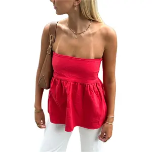Women's Strapless Peplum Top Bandeau Tube Top Cute Summer Sleeveless Smocked Backless Ruffle Hem Cami Tops Y2k Going out Tops