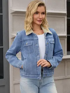 INSPIRE CHIC Women's Denim Jackets Faux Fur Collar Fleece Lined Winter Thicken Denim Trucker Jacket