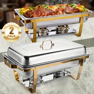 2 Pack 8QT Full Size Chafing Dishes Buffet Set, Elegant Golden Stainless Steel Food Warmer Kit with Lids, Plates, Water Pan and Fuel Holders for Restaurant Catering Parties Weddings