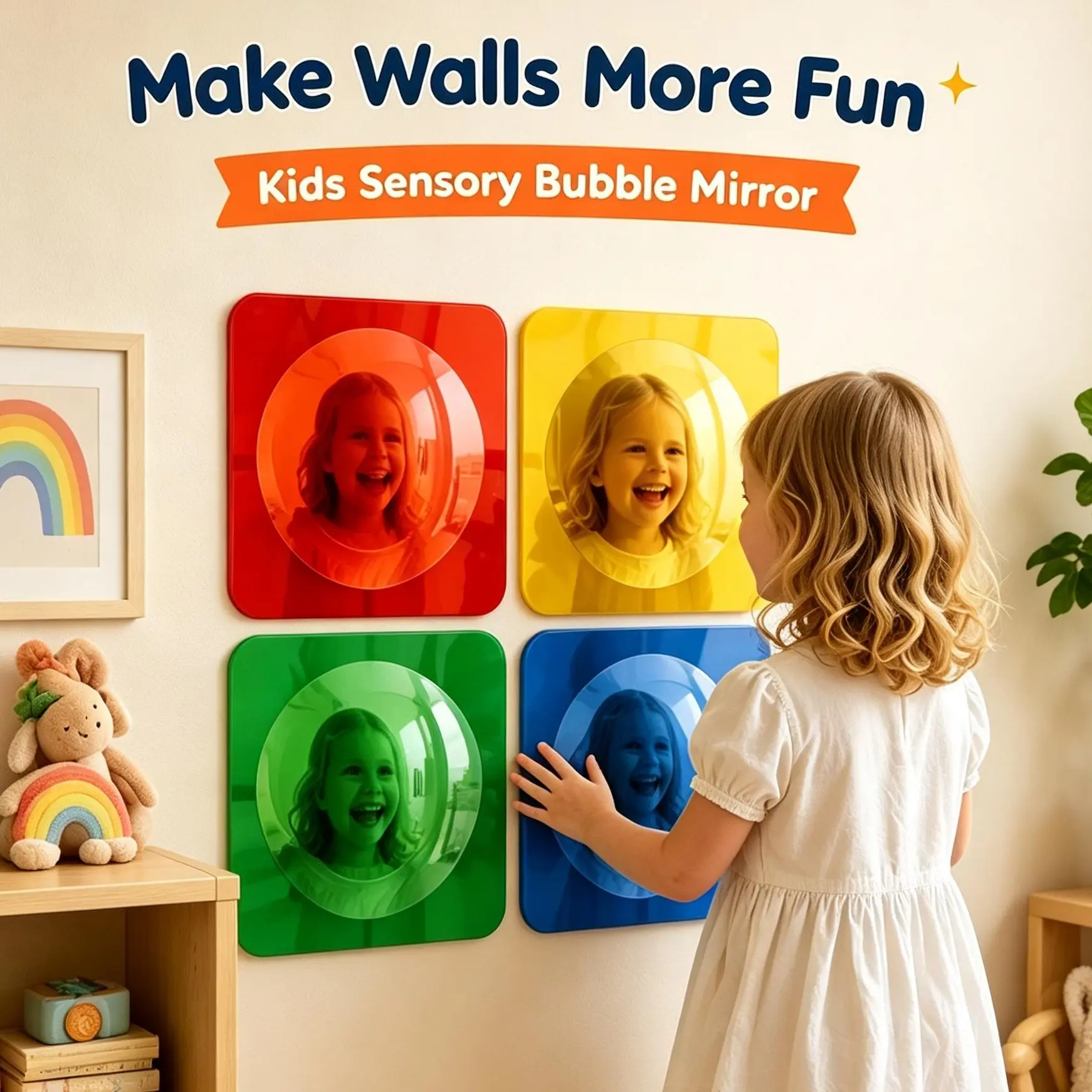 4 Pcs Sensory Wall Bubble Mirrors, 10 x 10 Inch, CPC Certified | Colorful Acrylic Convex Mirrors, Sensory Room Must Haves, Classroom Learning Tool, Calming Corner, Preschool Daycare Activity