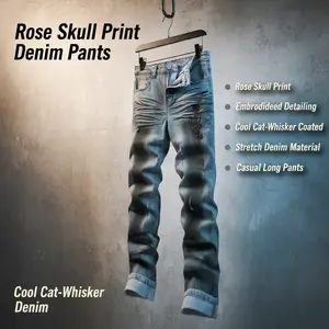 Men’s fashion rose skull print embroidered casual long pants — cool cat‑whisker coated stretch denim long pants