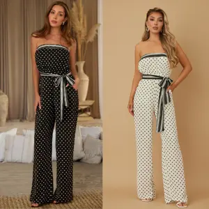 FLOWY POLKA DOT JUMPSUIT - STRAPLESS - MICRO POLKA DOTS DETAIL - ADJUSTABLE RIBBON BOW TIE ON WAIST - ZIPPER ON THE BACK