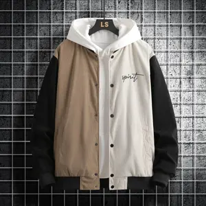 Men's Colorblock Corduroy Embroidered Hoodie - Casual Long-Sleeve Jacket with Buttons for Spring Autumn Everyday Life & Casual Occasions Menswear Sweatshirts Tops Pullover Classic Jeans jackets zip jackets Stylish