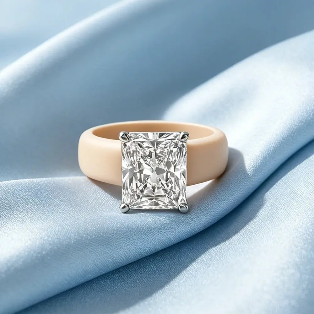 Women's Fashionable Beige Square CZ Silicone Ring - Soft Elastic Rubber, Sizes 6-10, Sports Wedding & Casual Daily Wear Costume Jewelry