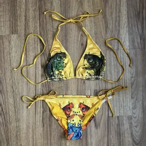 Inspired Koi Fish String Bikini Set – Golden Yellow | Japanese Tattoo Art All-Over Print | Halter Tie Top & Side-Tie Bottom | Y2K Vintage Aesthetic Swimwear | Women's Summer Beach Festival Outfit & Gift for Her
