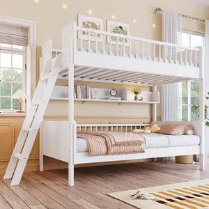 Twin over Twin Bunk Bed with Bookcase and 3 Storage Shelves, Solid Wood Bunk Bed Frame with Ladder can be Changed Left or Right,  For Teens Adults
