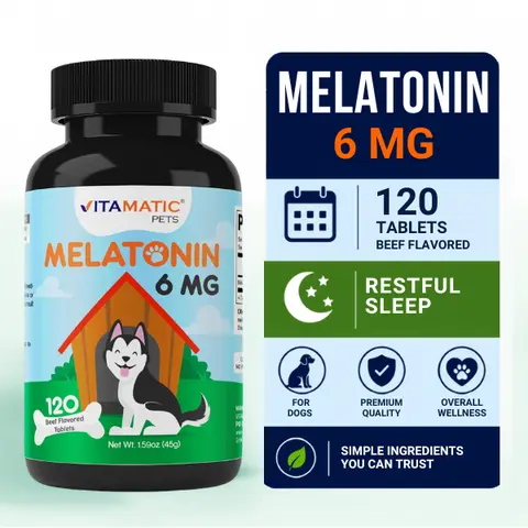 Vitamatic Pets Beef Flavored Melatonin 6 mg Chewable Calming Stress Relief Tablets for Dogs - 120 Count, Made in FDA Registered GMP Compliant Facility