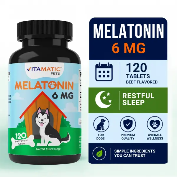 Vitamatic 6 mg Beef Flavored Dog Melatonin Chewables, 120 Count, Natural Sleep Aid, Stress Reliever for Calming Stress Relief, Made in USA, GMP Certified Dog Healthcare Medication