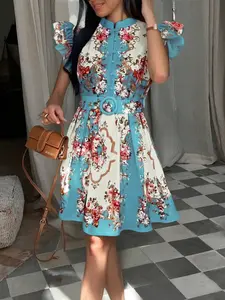 Women's Vintage Elegant Vacation Dress, Floral High Neck Short Sleeve Bohemian Style, Summer Premium Quality, Belted Design, Boho