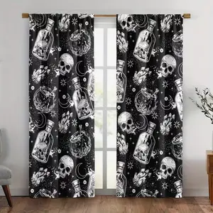 2-Piece Skull Print Curtains, Fashionable Rod Pocket Window Drapes for Bedroom & Living Room, Home Decoration Curtain, Comfortable Atmosphere, Easy Installation
