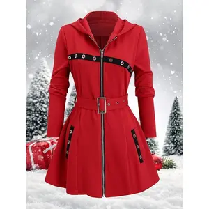 European and American Fashion Autumn Winter Punk Jacket Hippie Belt Zipper Long Sleeve Hooded Coat for Women