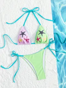 Vintage Color Block Starfish Embroidered Bikini Set, Bikini Outfits, Adjustable Triangle Cups with High Cut Bottoms, Stylish Beach and Pool Party Swimwear