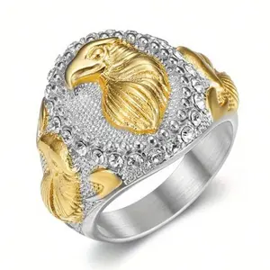 Eagle Head Pattern Ring Punk Hip-hop Domineering Artificial Zircon Eagle Pattern Stainless Steel Men's Ring, Party Rock Style, Fashionable and Trendy Men's Matching Jewelry