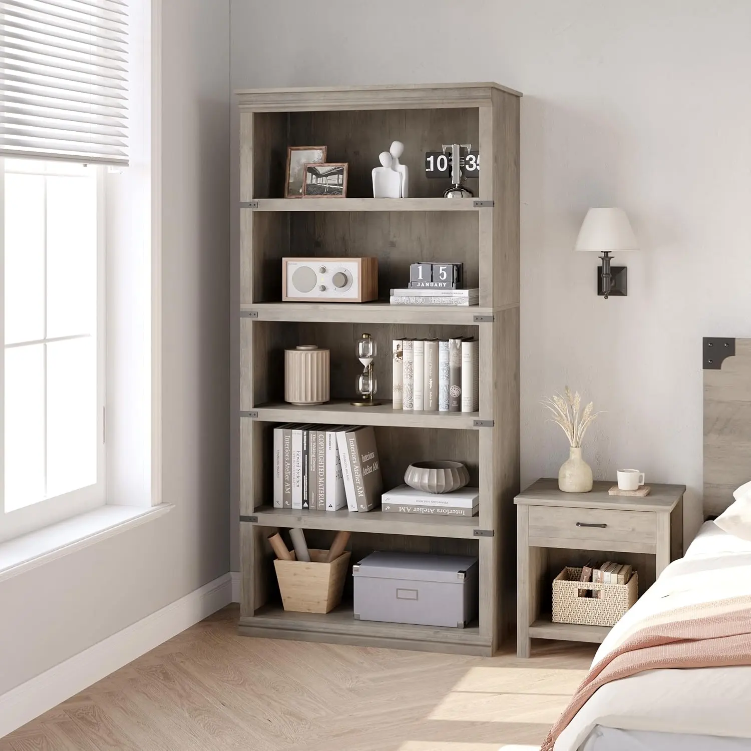 71" Tall Rustic Farmhouse 5-Tier Solid Wooden Bookshelf for Books Storage Organization, 45 lbs (Over 25 kg) Per Shelf, Space Saving Furniture, Assembly Required, Open Display for Home Office, Small Room Ideas Setup Inspo Office Inspo, Grey