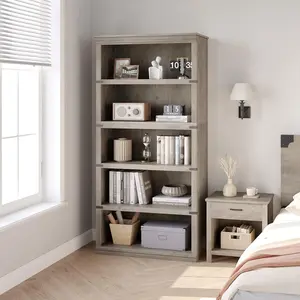 Farmhouse 5 Tier Bookcase, 71" Tall Wooden Bookshelf with Storage Open Display for Home Office, Living Room, Bed Room - Grey