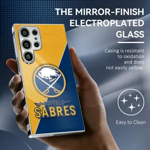 Buffalo S-Sabres Phone Case Luxury Electroplated Metal Frame Case for Samsung Galaxy S25 S24 S23 Ultra, Mirror Tempered Glass Back Phone Case, Slim Shockproof Anti-Scratch Protective Cover, Matte Finish with Camera Protection
